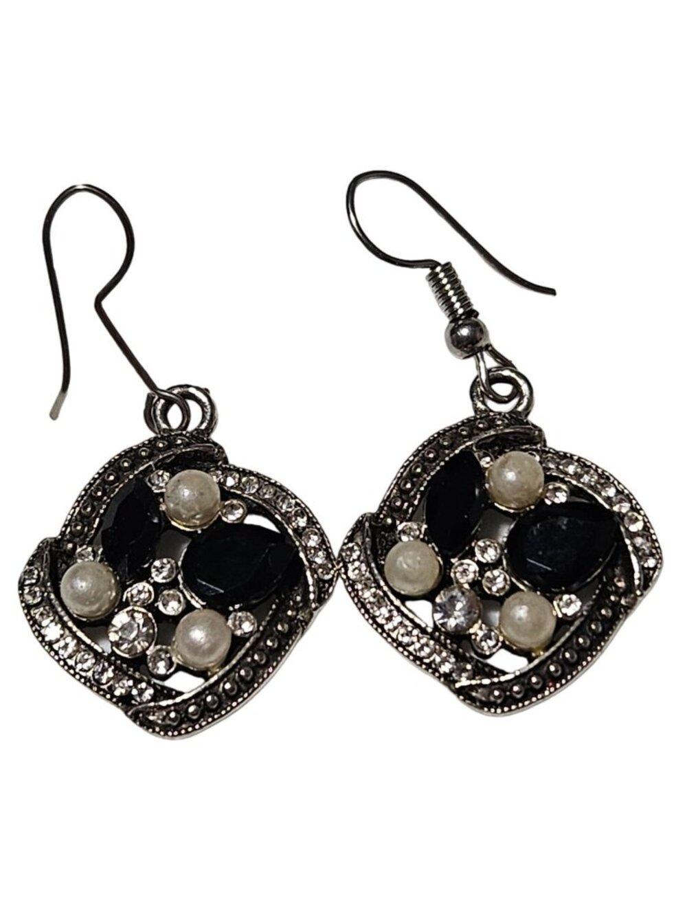 Vintage Faux Pearl Dangle Earrings Rhinestone Black Gem Fashion Jewelry Women
